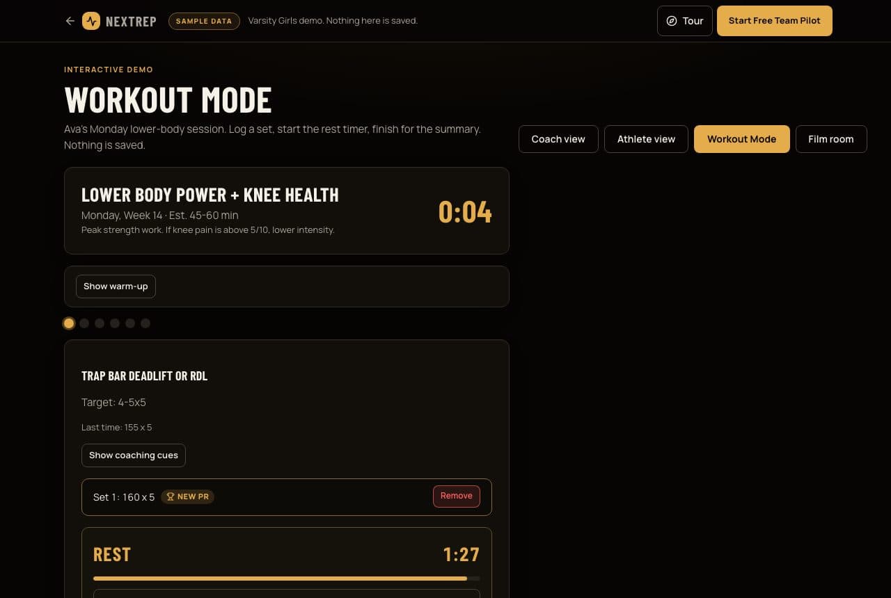 Workout Mode logging a 160 x 5 set with a new PR badge and the rest timer running